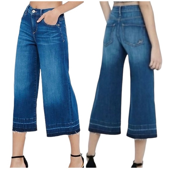 Express Denim - Express High Rise Denim Culottes Wide Leg Cropped Raw Hem Jeans